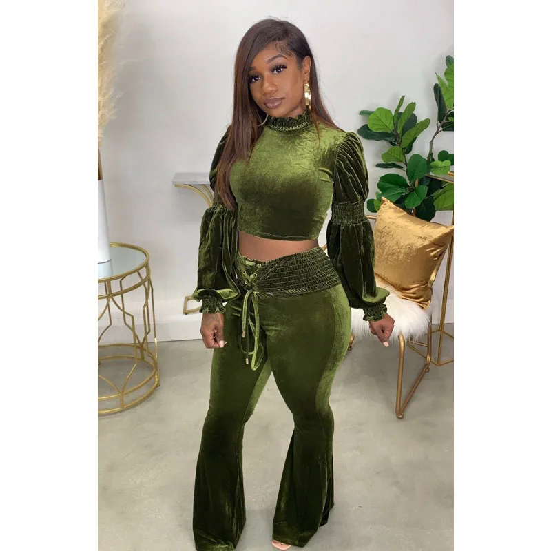 

Осенняя одежда, привлекательный Бархатный комплект из двух предметов, женский укороченный топ + расклешенные брюки, Клубная одежда для отды...