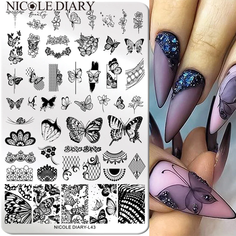 

NICOLE DIARY Big Size Butterfly Image Nail Stamping Plates Flower Leaf Lace Printing Stencil Floral Design Stamp Template