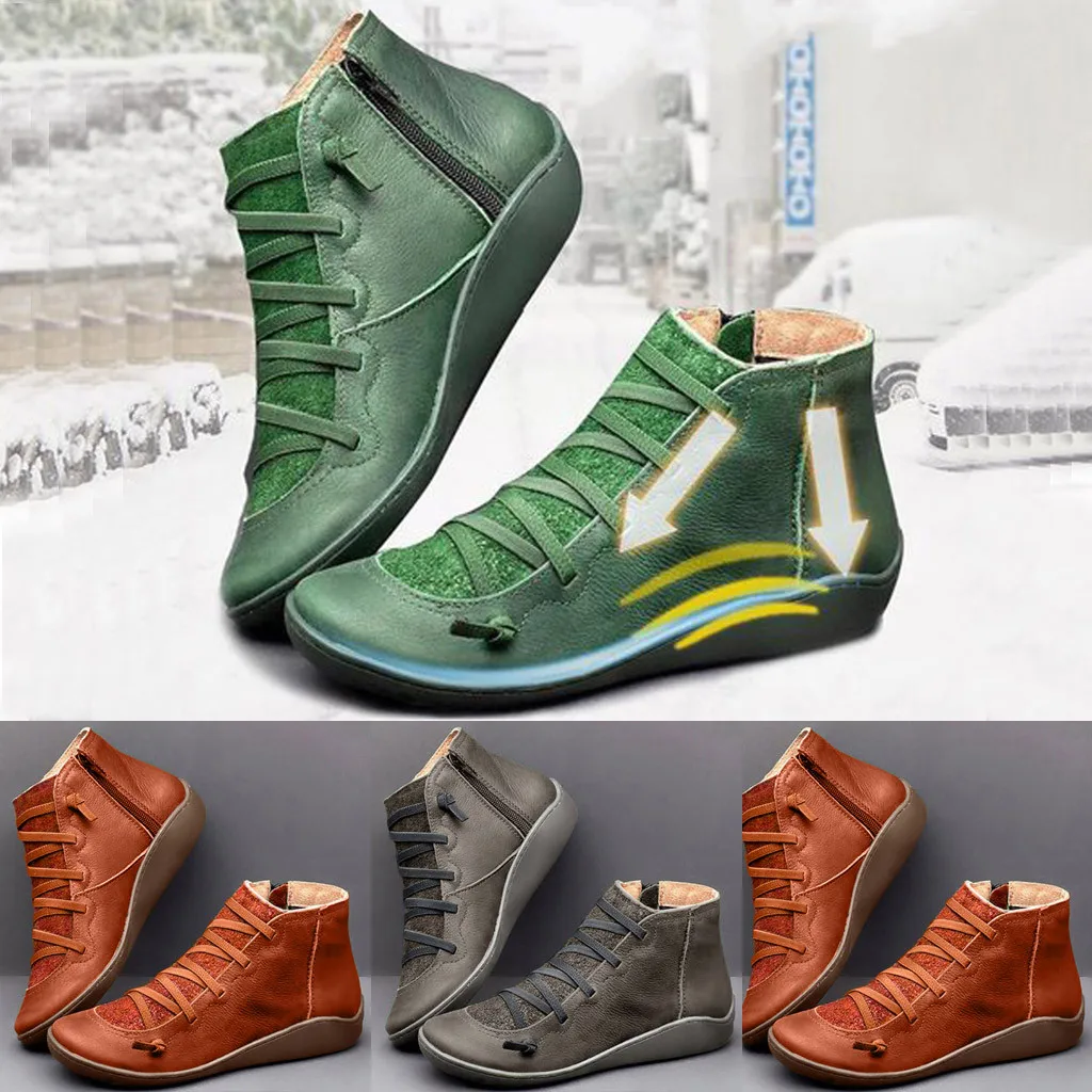 

SAGACE fashion Women's Boot Casual shoes woman Zipper Flat Lady Genuine Leather boots women Retro Lace-up Boots Zipper Shoe Boot