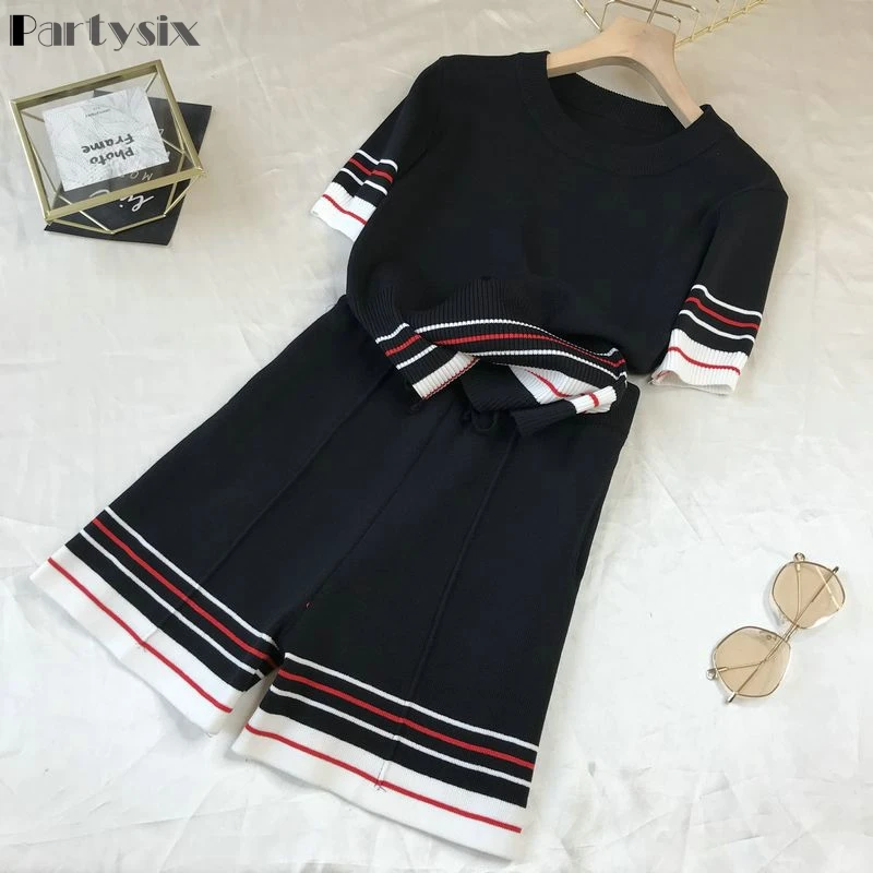 

Chic Contrast Color Stripe Shorts Knitted Two-Piece Suit Women Slim Short Sleeve T-Shirt Elastic Waist Short Pants Summer Sets