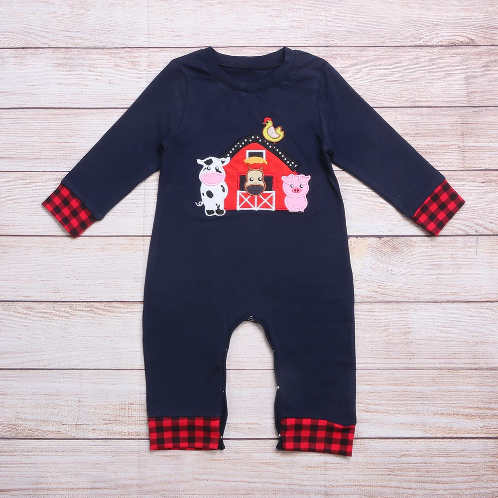 

Autumn Clothes Boy Red Plaid Cuffs Navy Blue Long Sleeve Farm Cow Pig And Hen Embroidery Pattern Toddler Baby Rompers
