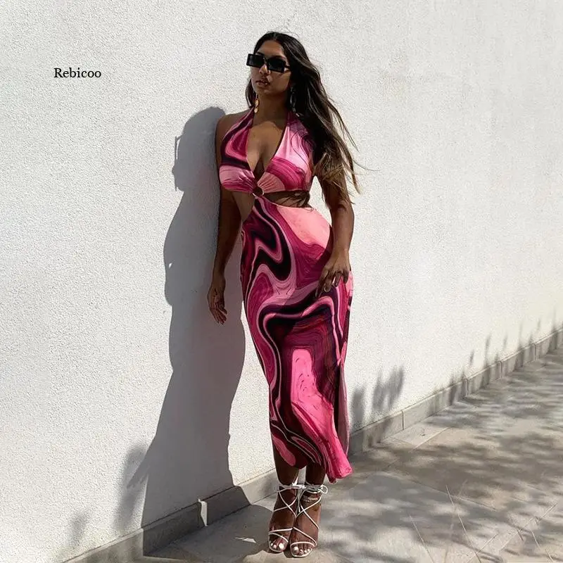 

Tie Dye Women Halter Midi Dress Hollow Out Lace Up Slit Bandage Bodycon Sexy Streetwear Party Club Elegant 2021 Summer
