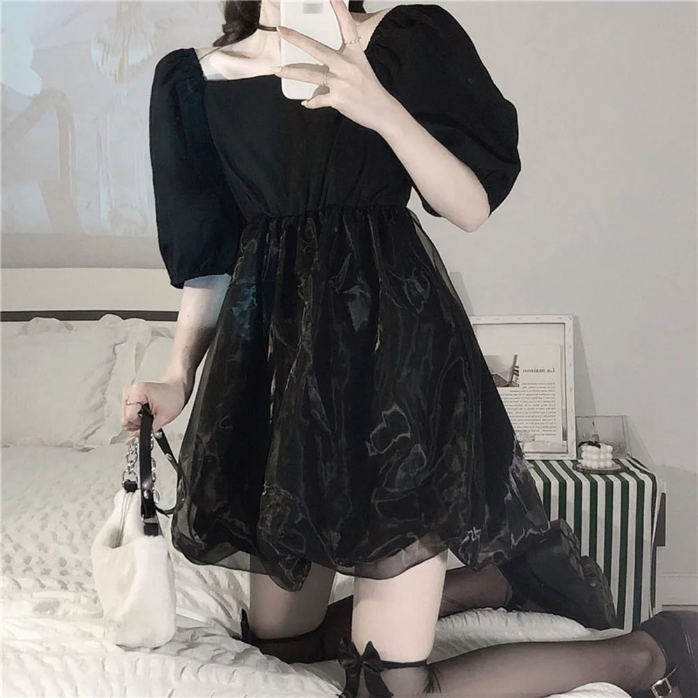 

2021 Summer High Street Fashion Women's Dress Designer Creative Hipster Popular Net Yarn Splicing Solid Color Square Collar