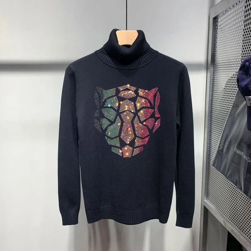 

Knitted Warm Turtleneck Men's Sweater Cashmere Slim Bottoming Sweatshirt Fashion Hot Drill Skull Pullover Winter