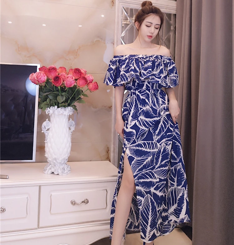 Новая летняя женская одежда с косой вырез оборками Модное Длинное Платье принтом
