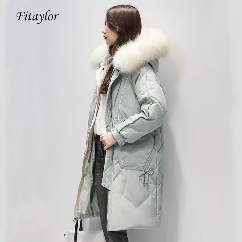 

Fitaylor Winter Large Real Fur Hooded Long Jacket Women White Duck Down Coat Loose Thick Black Splicing Parka Warm Snow Overcoat