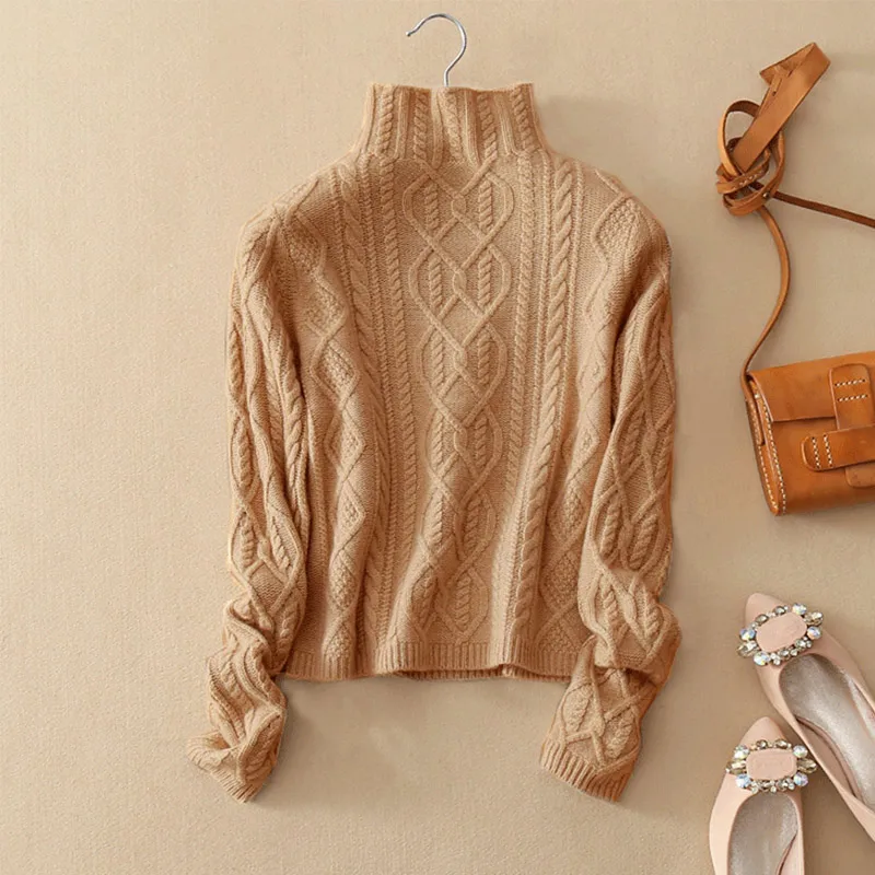 Зимний вязаный женский пуловер с высоким воротом свитер длинным рукавом