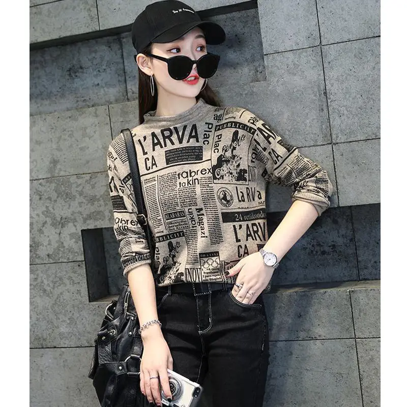 

Spring new base coat women's half high collar loose long sleeve print versatile top