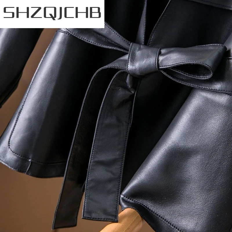 

JCHB 2021 Fashion Womens Deep V Neck Belted Genuine Leather Jacket Italian Office Ladies Luxury Elegant Sashes Slim Fit Real Lea