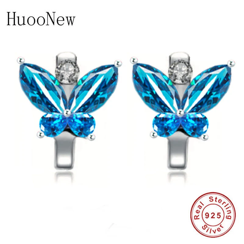 

925 Sterling Silver Flying Butterfly Blue Zircon Stone Bead Hoop Earring Piercing Pendientes Boucles Doreilles Brinco For Women