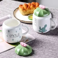 creative cactus shape ceramic mug cup with lid simple cute water cup office porcelain mugs coffee cups gift for girls
