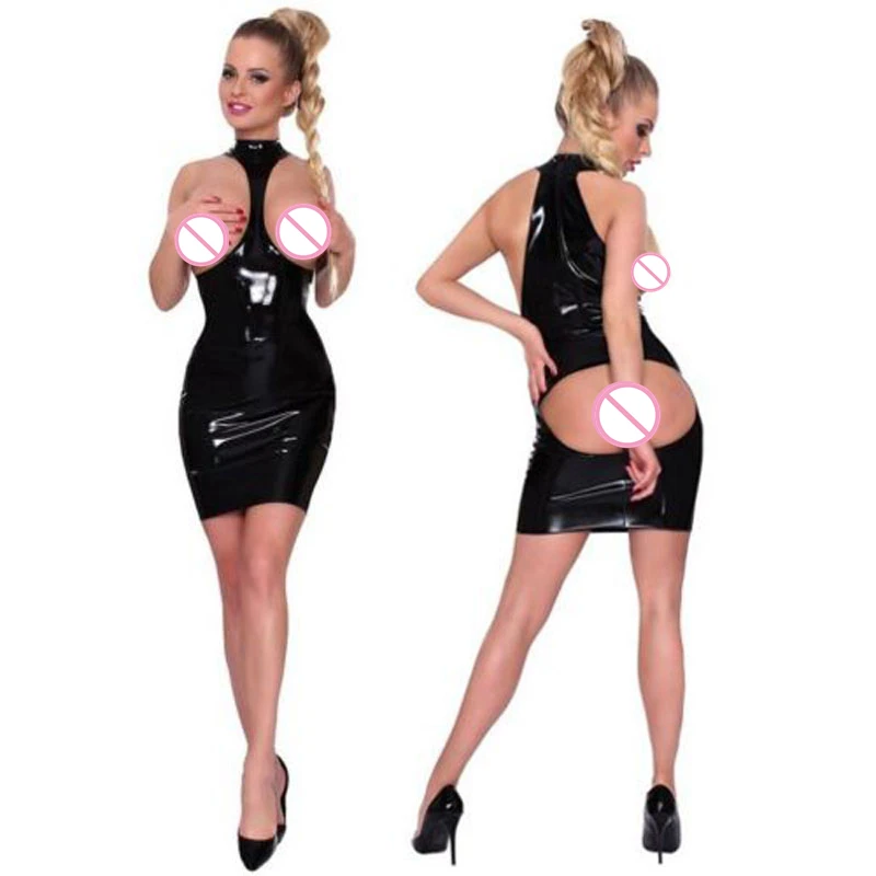 

Women Sexy Hollow Out Open Butt Club Dress Black Wet Look Patent Leather Open Bra Costume Latex Nightclub Party Dress