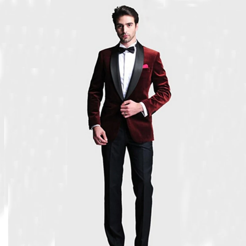 Модный мужской костюм на одной пуговице под заказ темно красный Бархатный