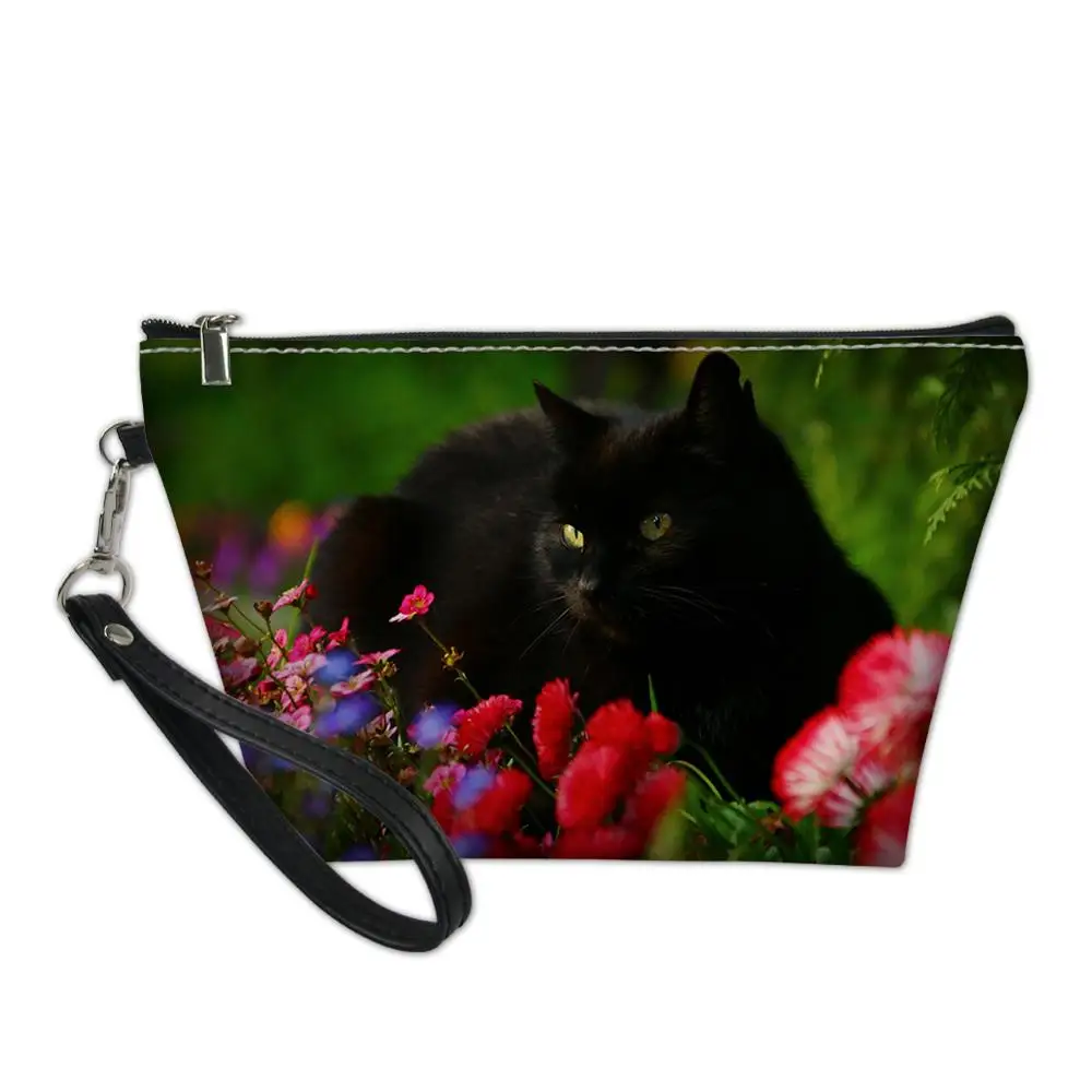 HaoYun PU Leather Women's Cosmetic Bags Flower Black Cats Pattern Travel Make Up Necessaries Cartoon Animal Pouch Toiletry Kit | Багаж и