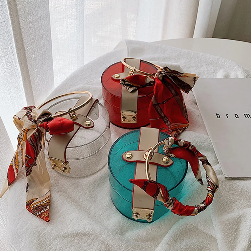 PVC Jelly Clear Top-Handle Bags for Women 2021 New Versatile Female Bucket Handbag with Sweet Scarves Spring Summer Ladies Bag