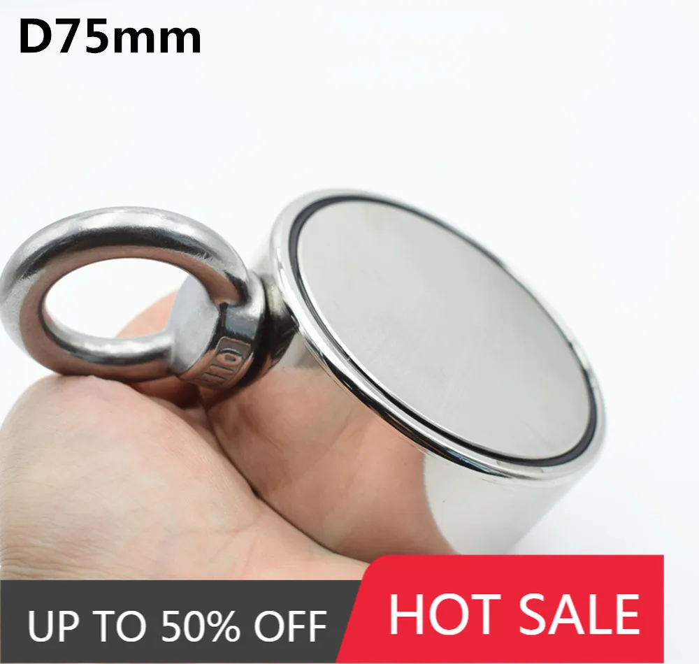 

D75mm Neodymium magnet super powerful hole Double-sided salvage fishing magnet 300kg Circular Ring hook permanent holder Steel