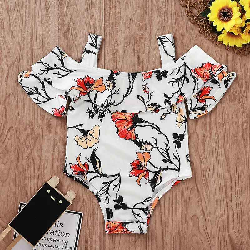 Модная одежда для маленьких девочек боди с цветочным рисунком открытыми плечами