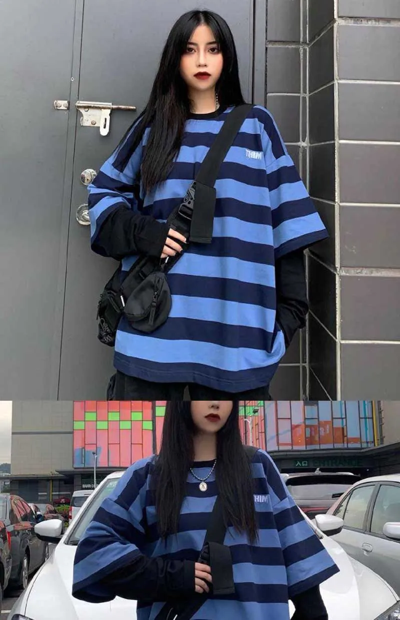 Топы женские Harajuku bf wind street horror comics цвет поддельные две женские парные модели черный серый джемпер футболка в полоску tshir