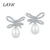 laya 925 sterling silver high quality zircon shell pearl bowknot hanging earrings for women wedding elegant jewelry 2021 trend