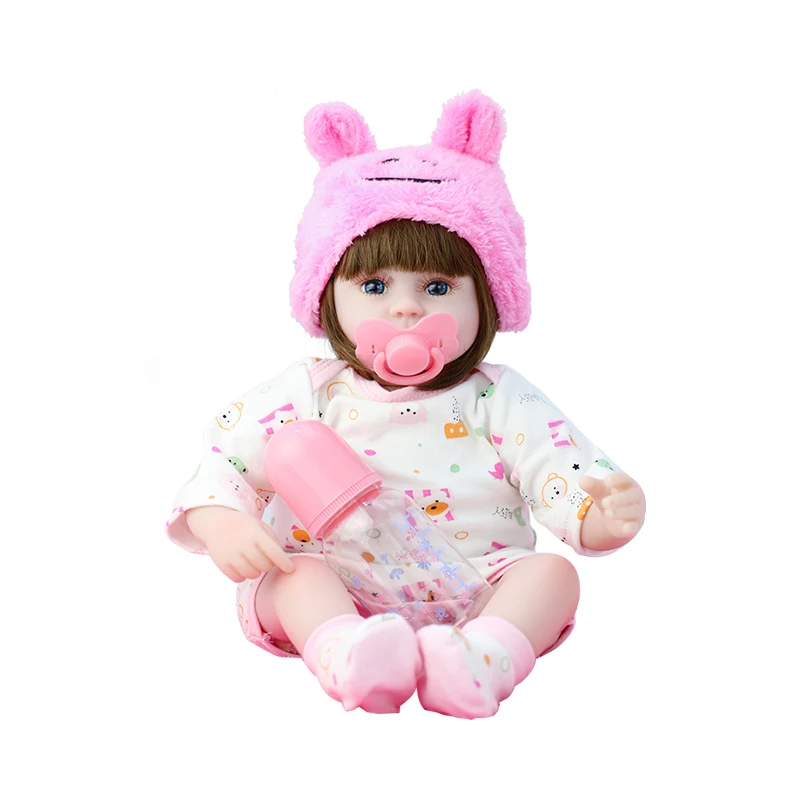 

42cm Blue Eye Cartoon Bear Smile Hat Reborn Doll Vinyl Limb PP Cotton Filled Boy Girl Interactive Doll Simulation