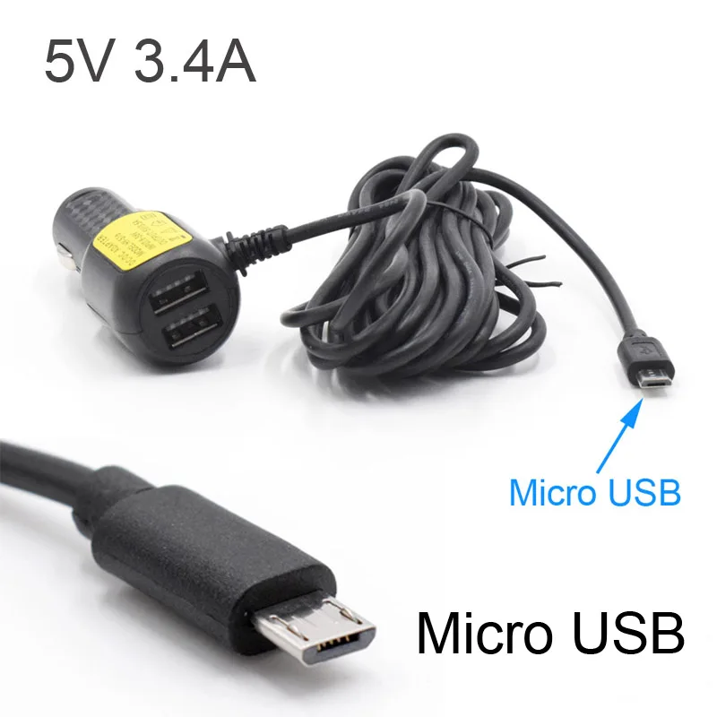 Автомобильное зарядное устройство Mini Micro Type C USB 3,5 метра 5 В 3,4 А с 2 портами USB для автомобильного видеорегистратора, видеорегистратора, GPS-видеорегистратора, вход постоянного тока 8 В-36 В