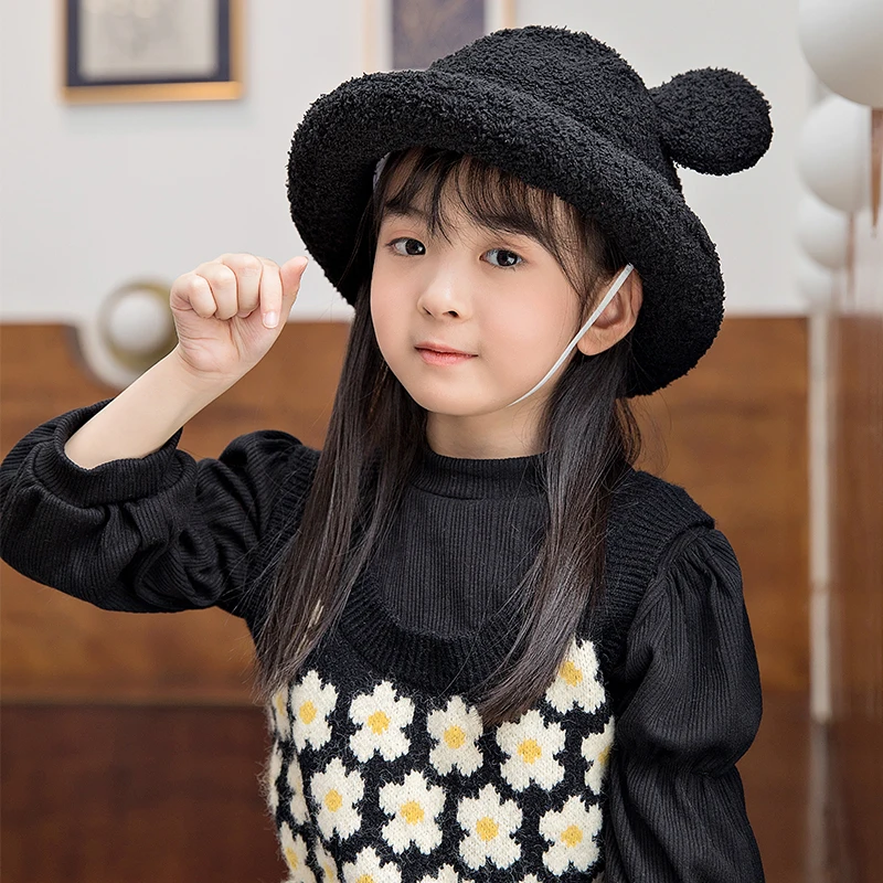

Japanese Fisherman Hat Children's Autumn and Winter New Teddy Cashmere Pure Color Lamb Wool Warm Wild Wide-brimmed Basin Hat
