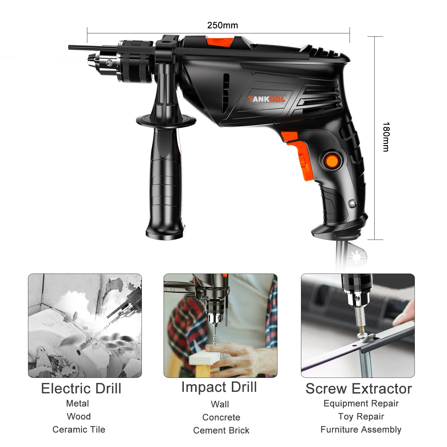 

TANKOOL 500W Electric Hammer mpact Drill AC Household Drill Multifunction Rotary Tool Drill Screwdriver