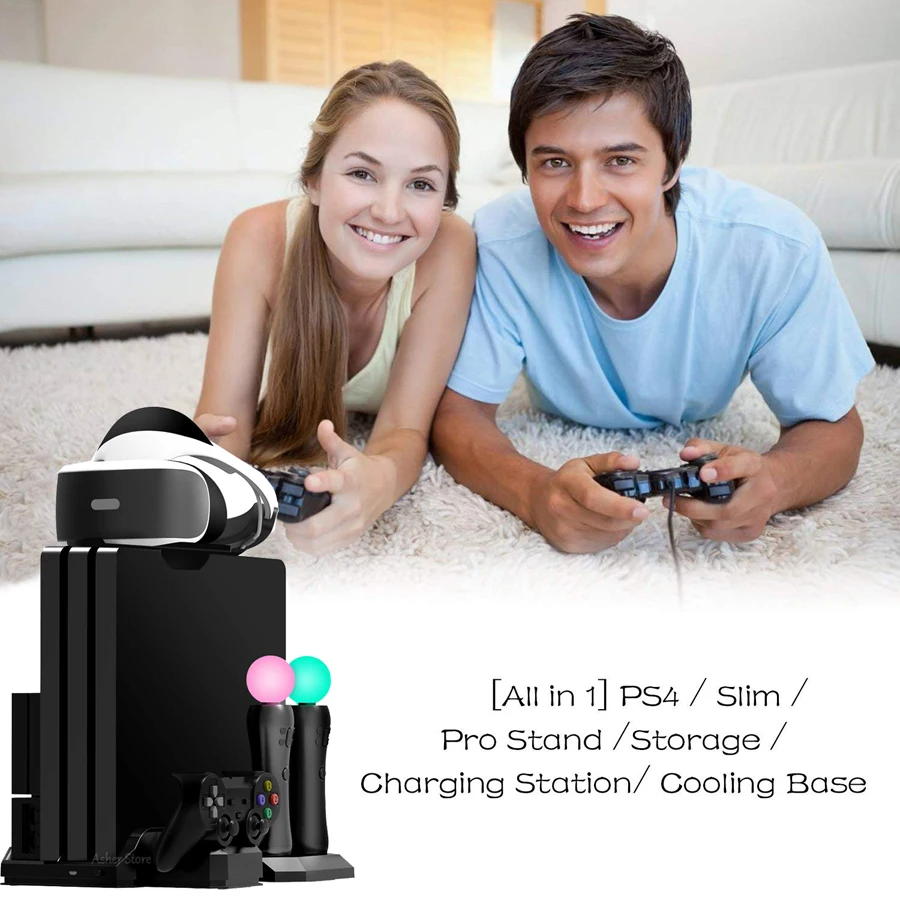 Вертикальная подставка для PS4 Pro Slim PS VR 2 охлаждающих вентилятора 3 контроллера