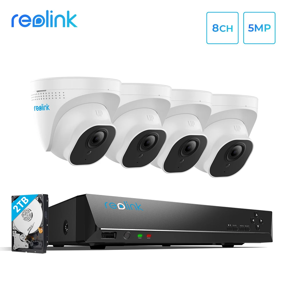 Система камер Reolink 5 МП, 8-канальный сетевой видеорегистратор с питанием по Ethernet и 4 детской камерой, купольное устройство для наружного видеонаблюдения с высоким разрешением, HDD, 5 Мп - изображение