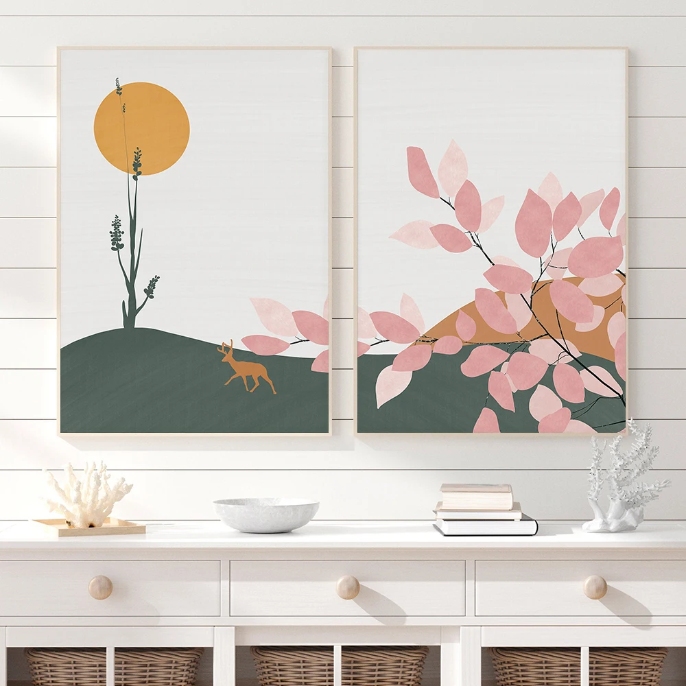 

Minimalist Abstract Elk Pink Flower Wall Art Canvas Painting Nordic Posters and Prints Wall Pictures for Living Bedroom Decor