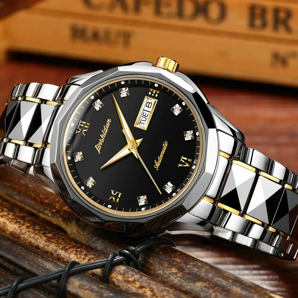

Men's Automatic Mechanical Wristwatch top brand business style tungsten steel watchband waterproof luxury luminous male clock