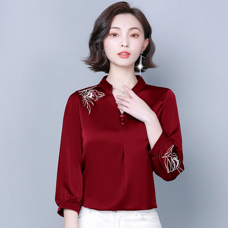 

2020 Autumn Women Blouse shirt Fashion casual long sleeve Embroidered Satin Shirt Plus size women clothing blusas tops