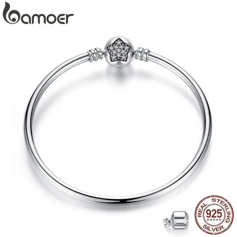 BAMOER Authentic 925 Sterling Silver Snake Chain Bangle& Bracelet Pave Star Cubic Zirconia CZ Jewelry PAB001