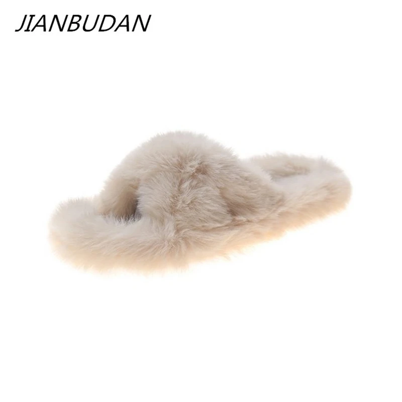 

JIANBUDAN Women Home Slippers Faux Plush Comfortable Flat Shoes Female Slip on Indoor Furry Slippers Spring Autumn Home shoes