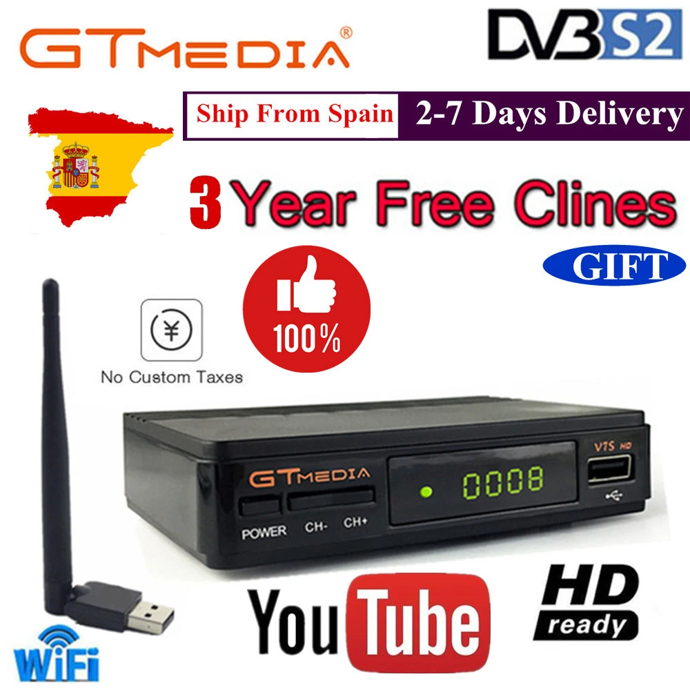 Отличное предложение Gtmedia V7S HD питание от Freesat V7 incluye wifi usb cпорты Gt DVB S2 H.265 1080P без