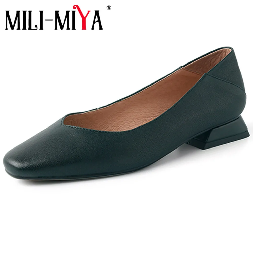 

MILI-MIYA Retro Square Toe Low Heel Pumps Women Summer Spring Genuine Leather Shallow Office Work Wild Shoes Plus Size 34-43