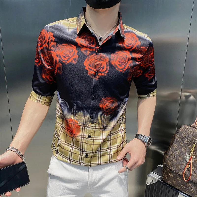 

Casual Rose Print Slim Shirts Men Dress Camisa Masculina Streetwear Social Nightclub Party Blusa Homme Summer Hawaiian Shirt Men