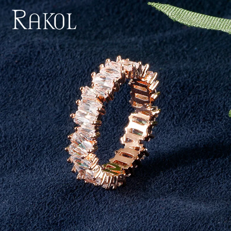 White Rose Gold RAKOL, новинка, модное, роскошное, очаровательное, AAA, багет, кубический цирконий, обручальное кольцо для женщин, многоцветная, Т-образная форма, Cz камень, вечерние ювелирные изделия - Цвет основного камня: White Rose Gold