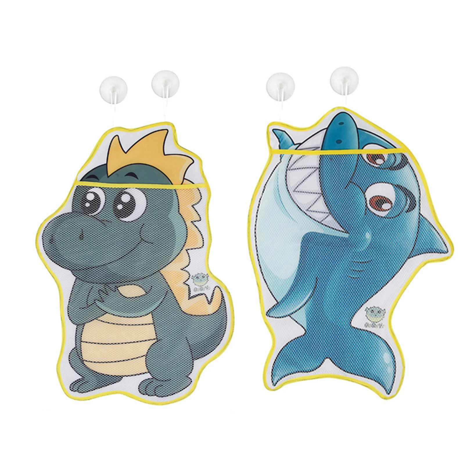 

Baby Bathroom Mesh Bag Cartoon Print Shark Dinosaur Shape Sucker Design For Bath Toys Kids Storage Mesh Bag With Suction Cups