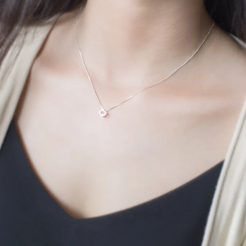 925 Sterling Silver New Arrival Zirconia Water Cube Pendant Necklace For Women Fashion Square Clavicle Wedding Jewelry | Украшения и