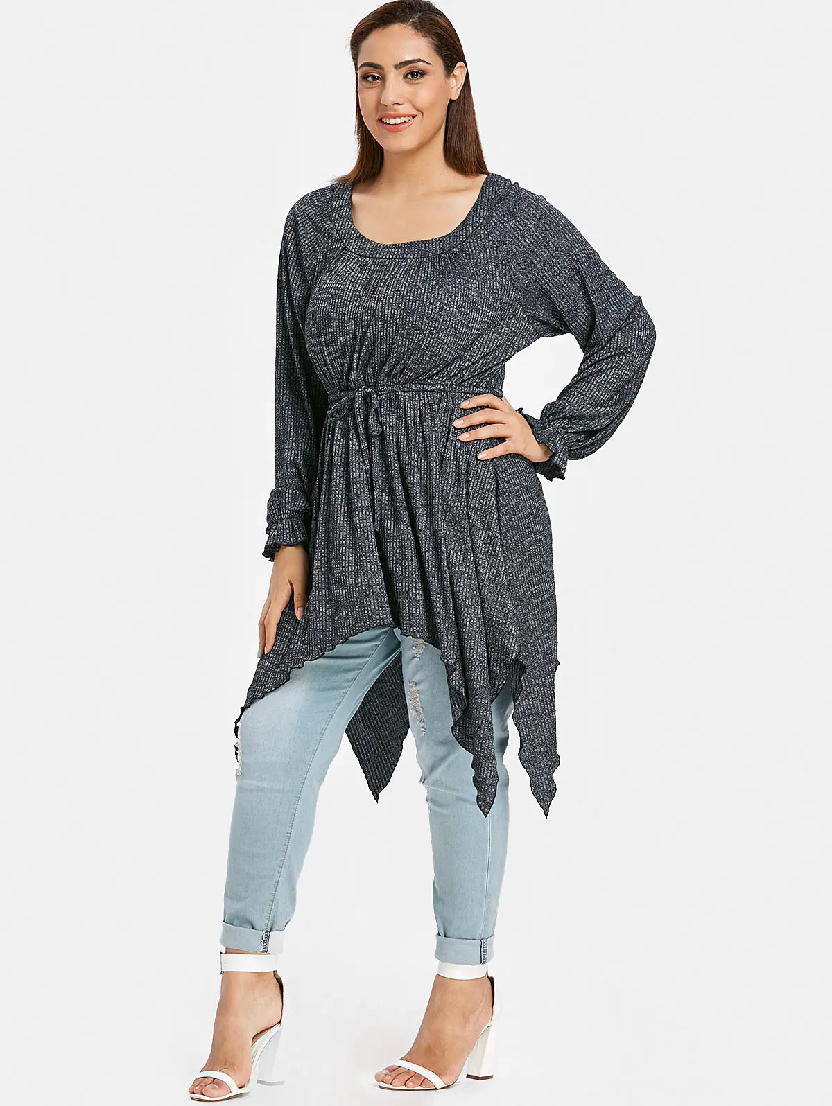 

Casual Autumn Pullover Top Knitwear Round Neck Long Sleeve Drawstring Bowknot Tunic Sweater Outwear Women Asymmetrical