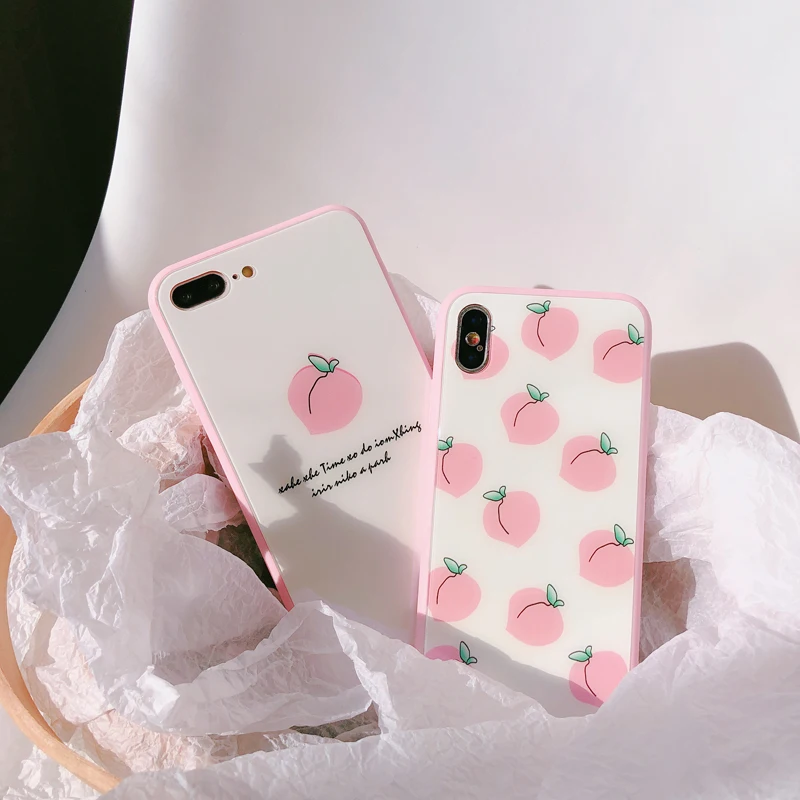 Gimfun Summer Fresh Pink Peach Glass Phone Case for Iphone X Xs Xsmax Xr Fruit Soft Tpu 6 6s 7 8 Plus Back Cover |
