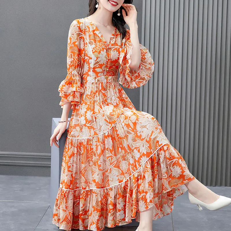 

Boho Vintage Chiffon Floral Dress Summer 2021 Elegant Slim Waist Ruffles Patchwork Long Dress Women Holiday Party Vestidos Mujer