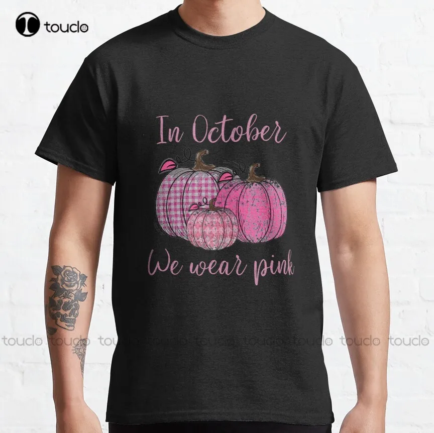 

In October We Wear Pink Pumpkin Plaid Classic T-Shirt Custom Shirts For Men Custom Aldult Teen Unisex Digital Printing Tee Shirt