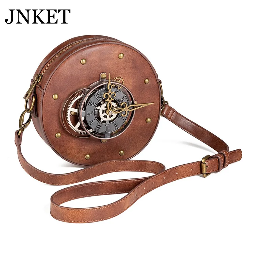 

JNKET New Women Steam Punk Shoulder Bags PU Leather Round Bag Retro Crossbody Bags Large Capacity Circle Bag