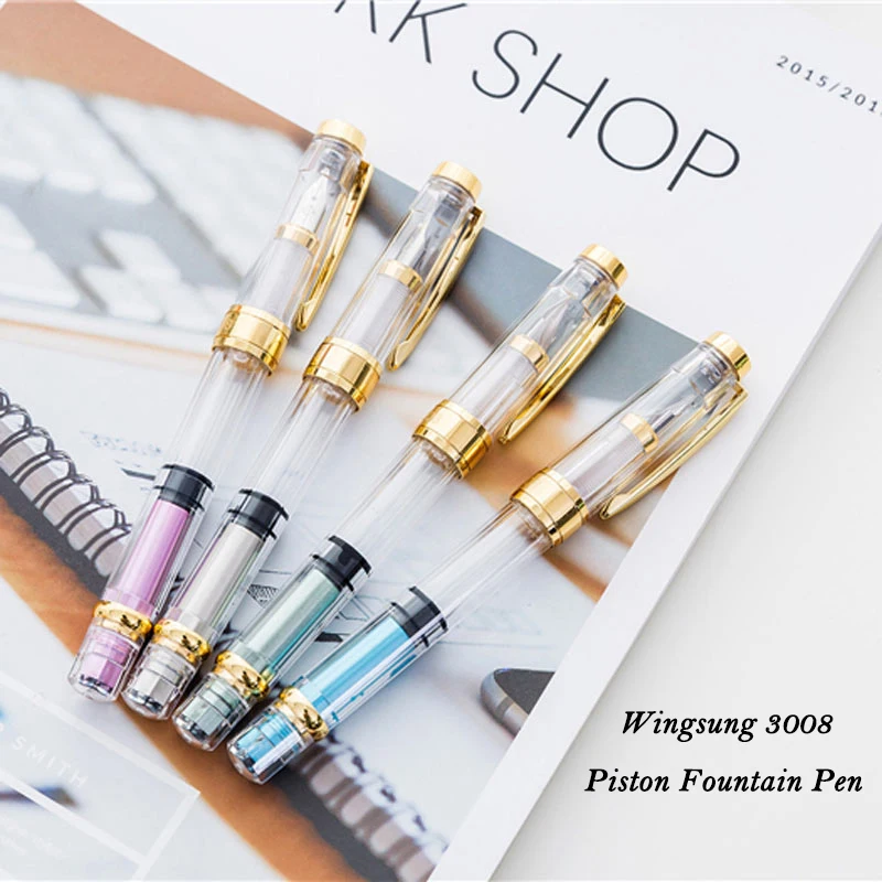 

Wing Sung 3008 Transparent Piston Wingsung Fountain Pen with Gold / Silver Clip Fashion Colorful Ink Pens for Student Office