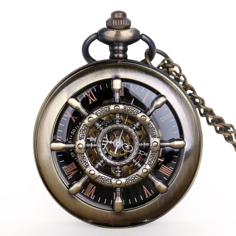 New Arrival Steampunk Boat Rudder Hollow Mechanical Pocket Watches Skeleton Hand-winding Retro Male Clock with Pendant Fob Chain