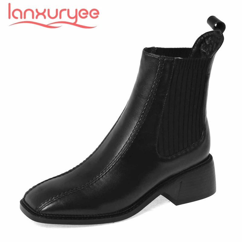 

Lanxuryee new arrival Chelsea boots real cow leather knitting square toe thick med heel slip on comfortable soft ankle boots L03