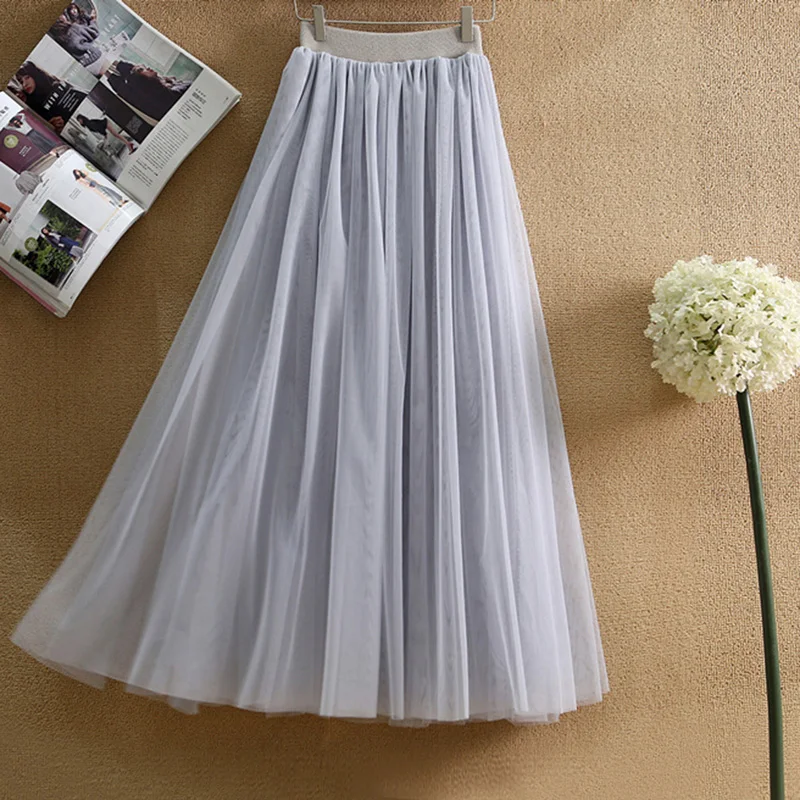 

New Fashion Long Pleated Tutu Skirt With Lined Womens Elastic High Waist 2020 Hot Sale Tulle Mesh Skirt Female Vintage Skirts