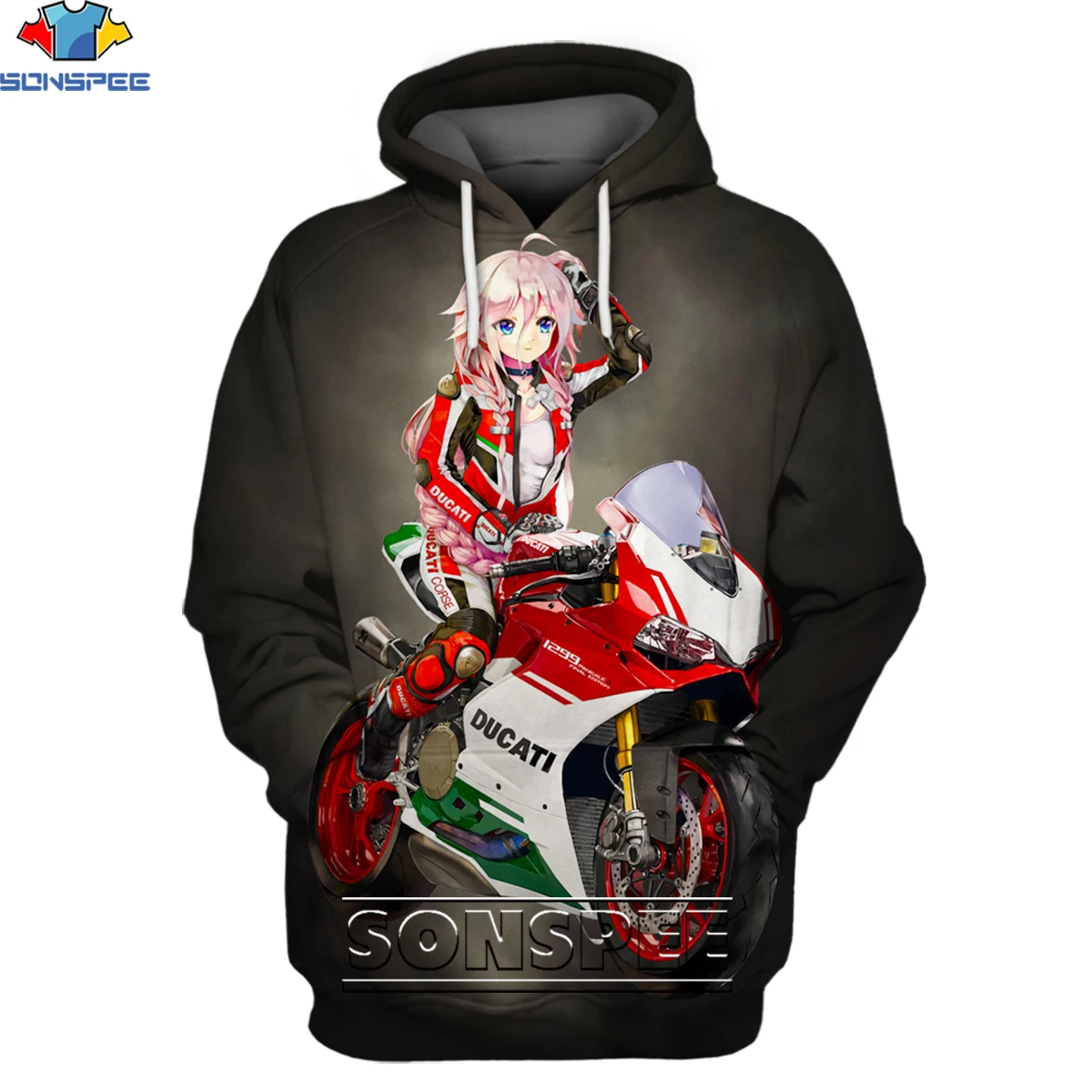 

SONSPEE для мотоцикла аниме сексуальные толстовки с капюшоном Loli для мужчин и женщин 3D модные разноцветные топы для кафе гонщик Толстовка Пуловер